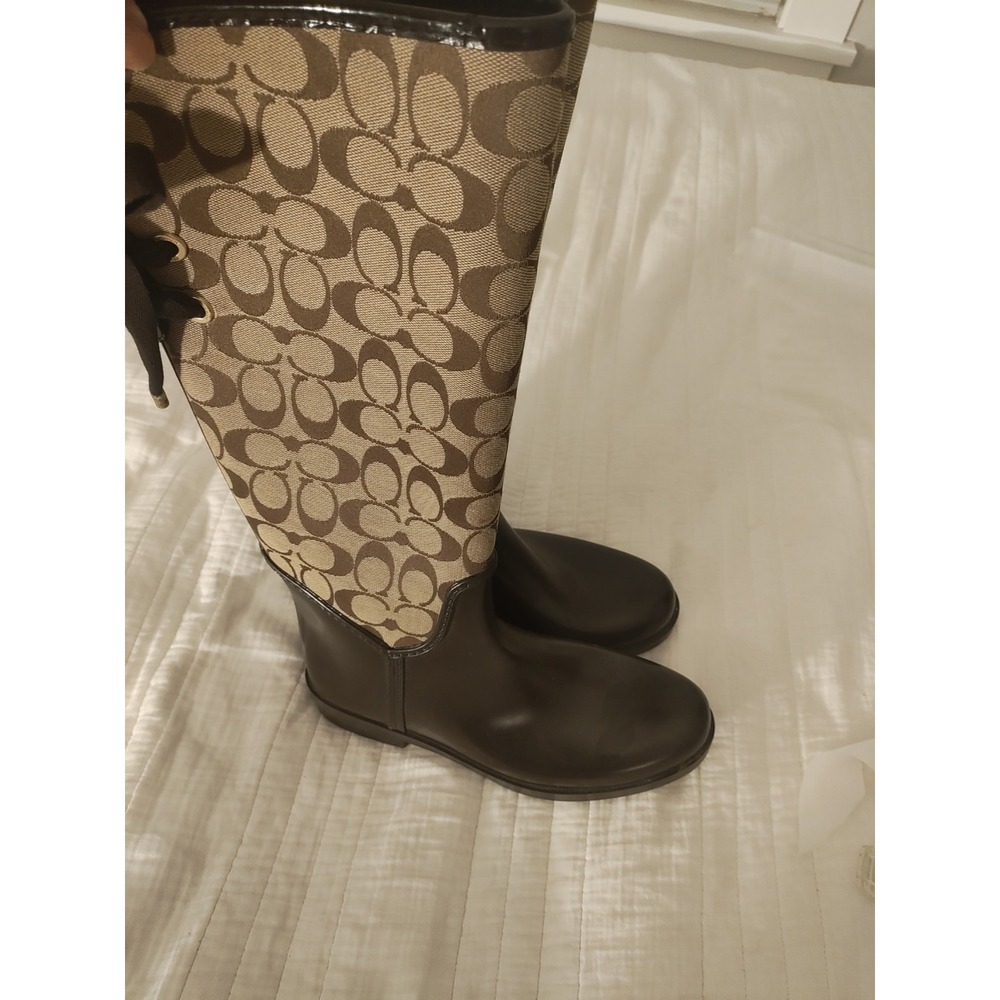 Coach Tristee Lace-Up Corset Signature Print Logo Rain Boots Brown Women's 9 - Picture 2 of 13